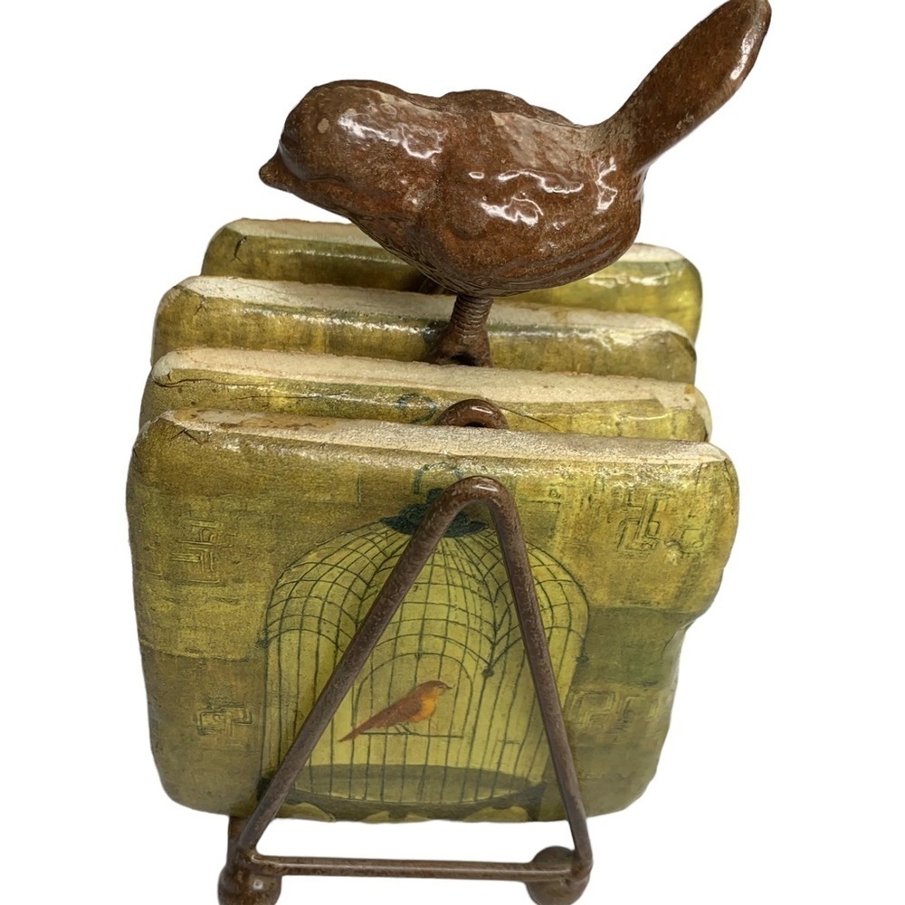 Albeua Stoneware Bird Rectangle Drink Coasters with Iron Works Stand “Holder”